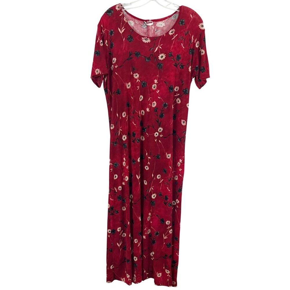 Vintage Red & Black Floral Slinky Knit Short Sleeve Maxi Dress Whimsigoth LARGE‎